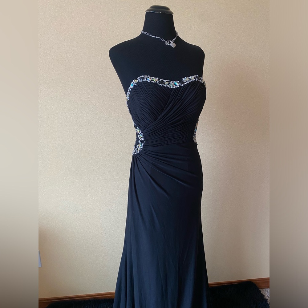 Milano Formals Strapless Black Dress with Beautiful Beading and Open Back